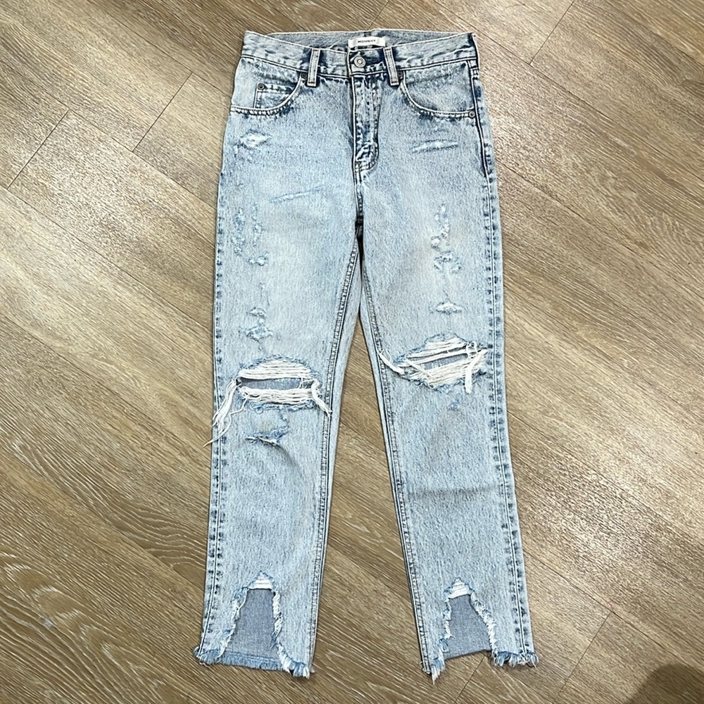 Moussy Denim High Rise Light Wash Straight Leg Distressed Jeans Size 25
